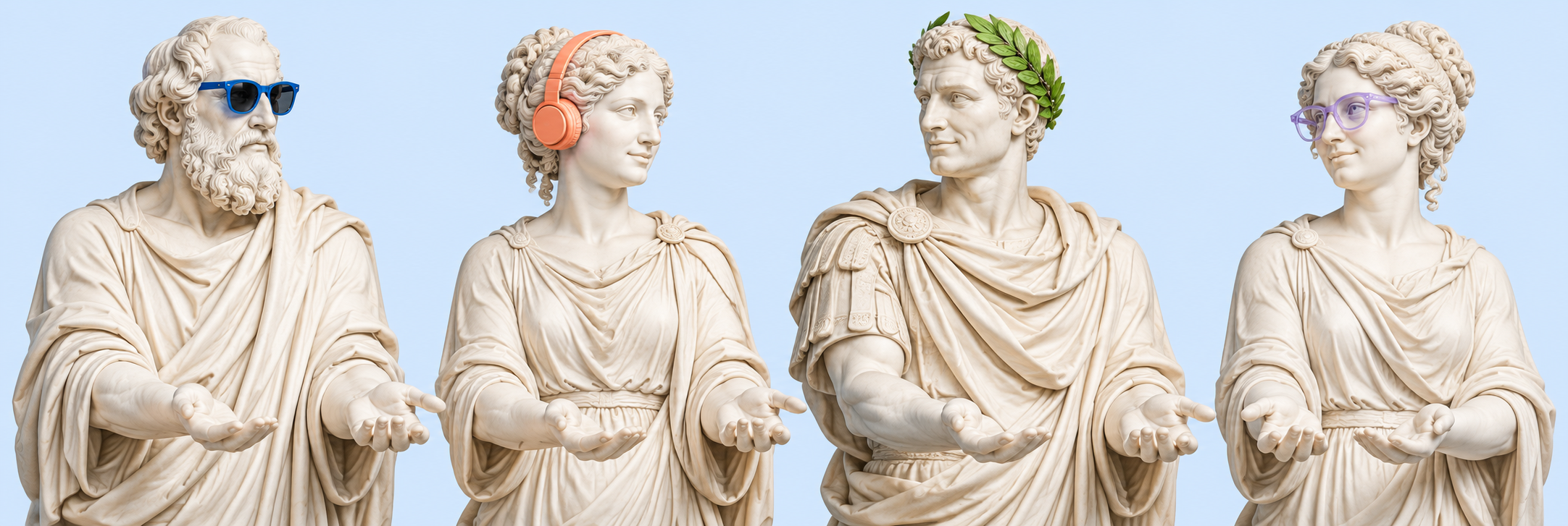Four bright Roman sculptures with colourful accessories reaching to pass a shared placard