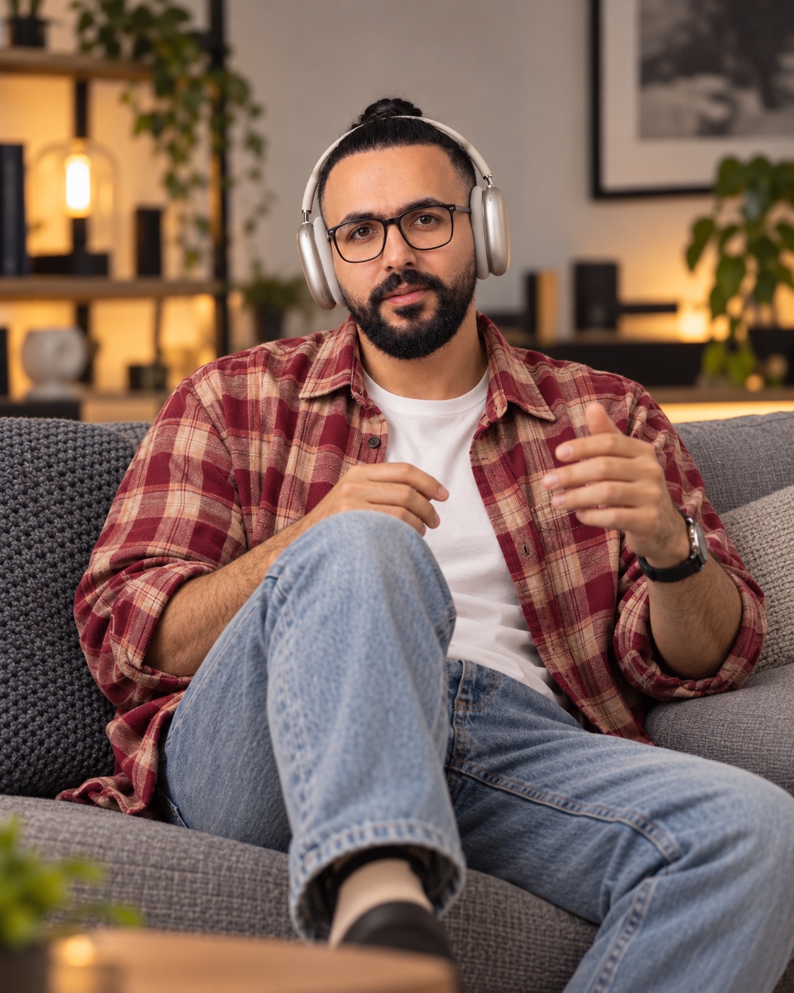 Ahmed Sharbal seated on a sofa wearing headphones