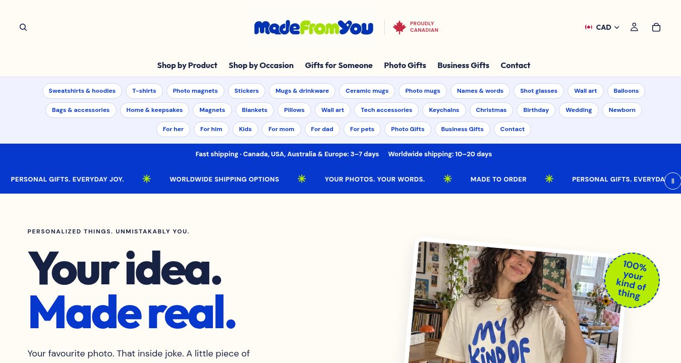 MadeFromYou storefront homepage